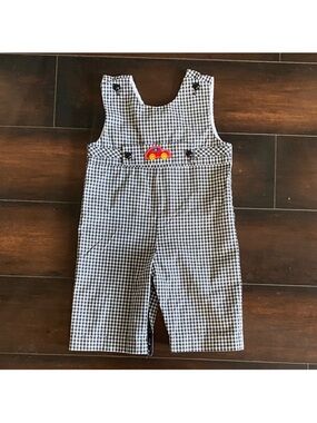 Vintage Black & White Gingham Check Kids Overalls with Car Applique